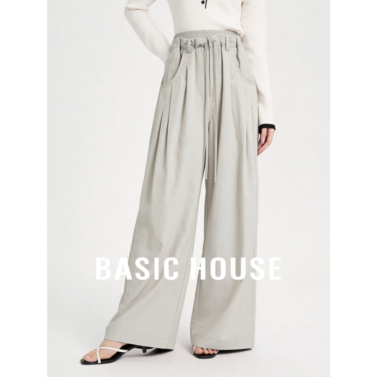 Basic House/百家好慵懒风高腰阔腿裤女米色抽绳垂感拖地休闲裤