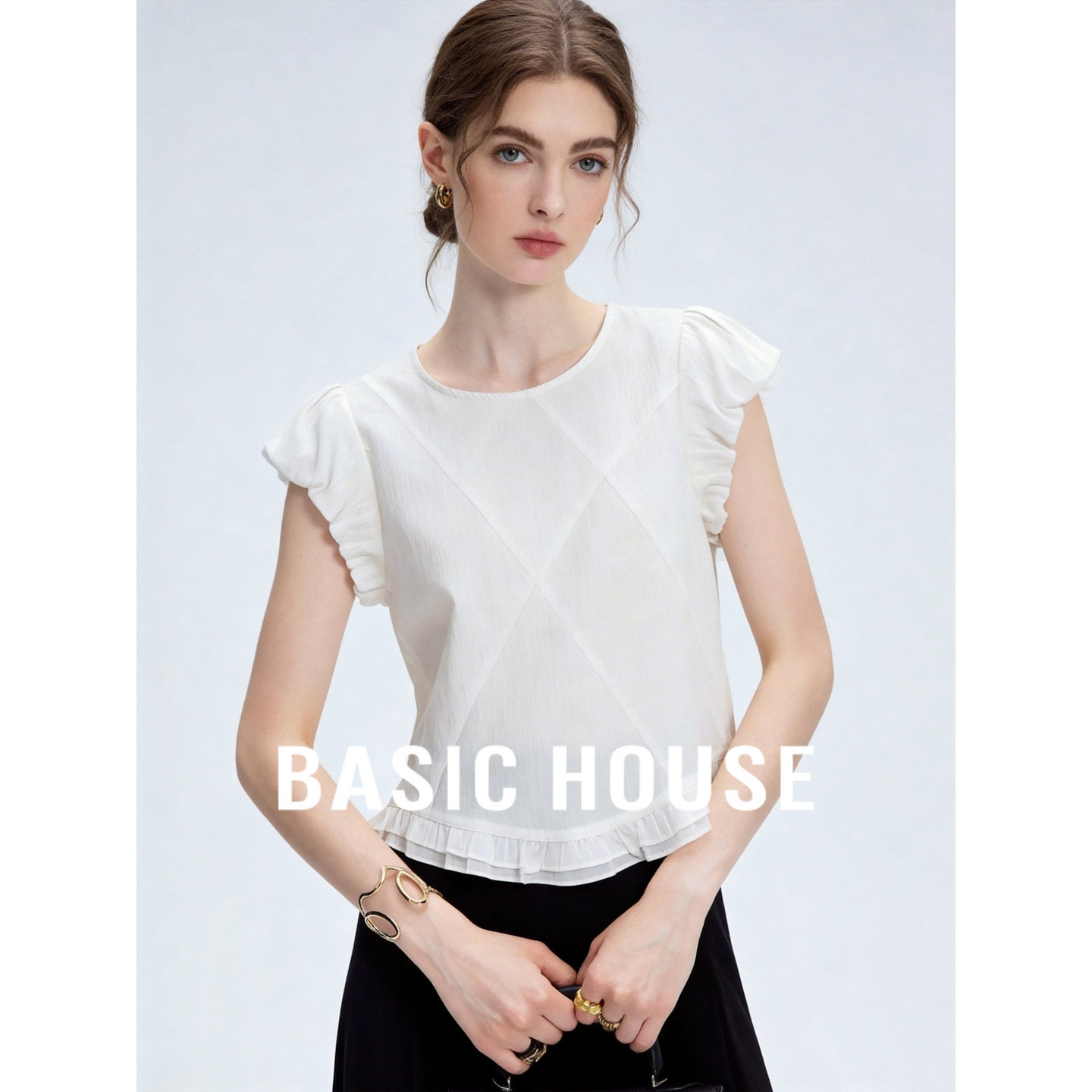Basic House/百家好白色荷叶边袖T恤女白色圆领透气优雅风上衣