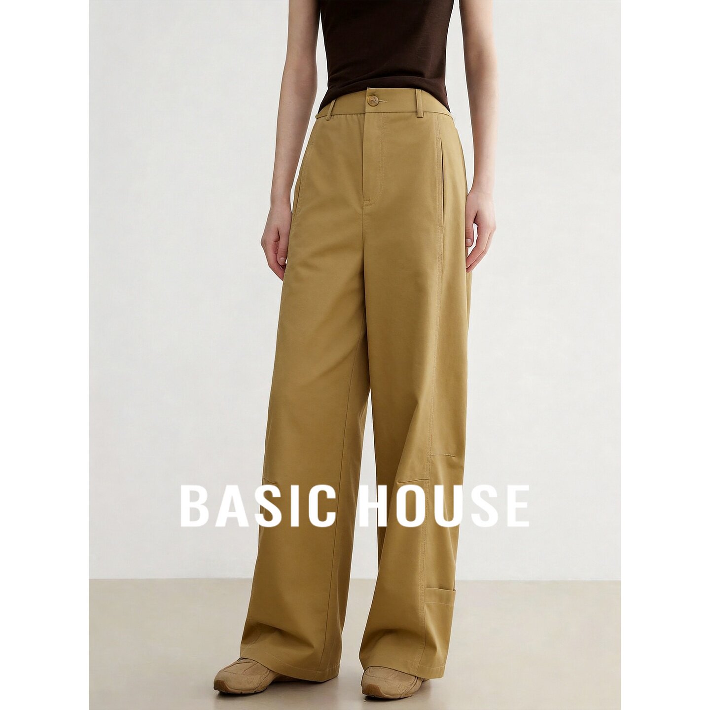 Basic House/百家好姜黄色高腰阔腿裤女夏季直筒裤百搭显瘦休闲裤