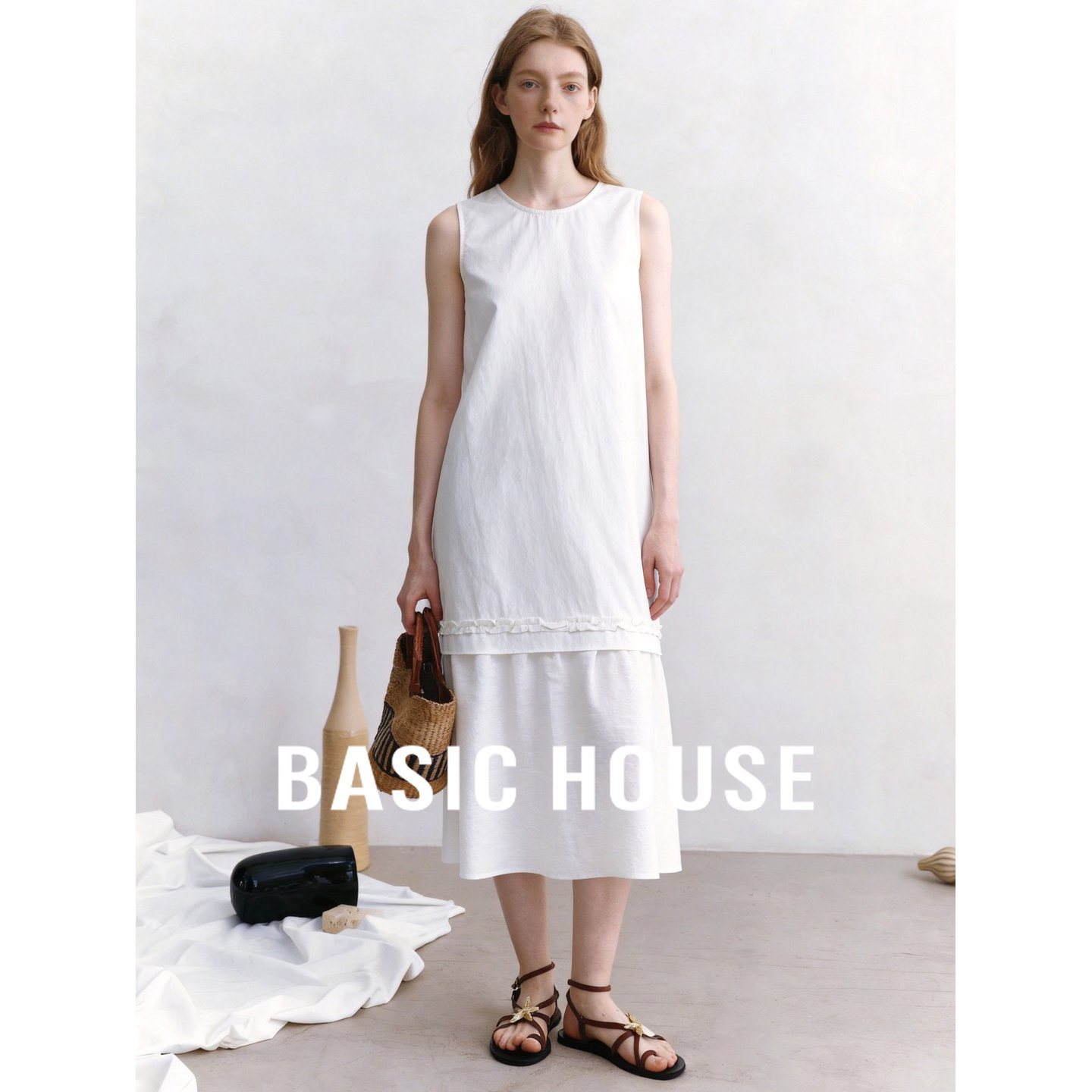BasicHouse百家好简约风白色无袖连衣裙女假两件蕾丝拼接显瘦裙子