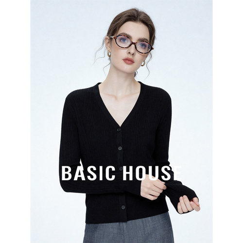 Basic House/百家好黑色V领基础简约针织衫女秋修身显瘦内搭上衣