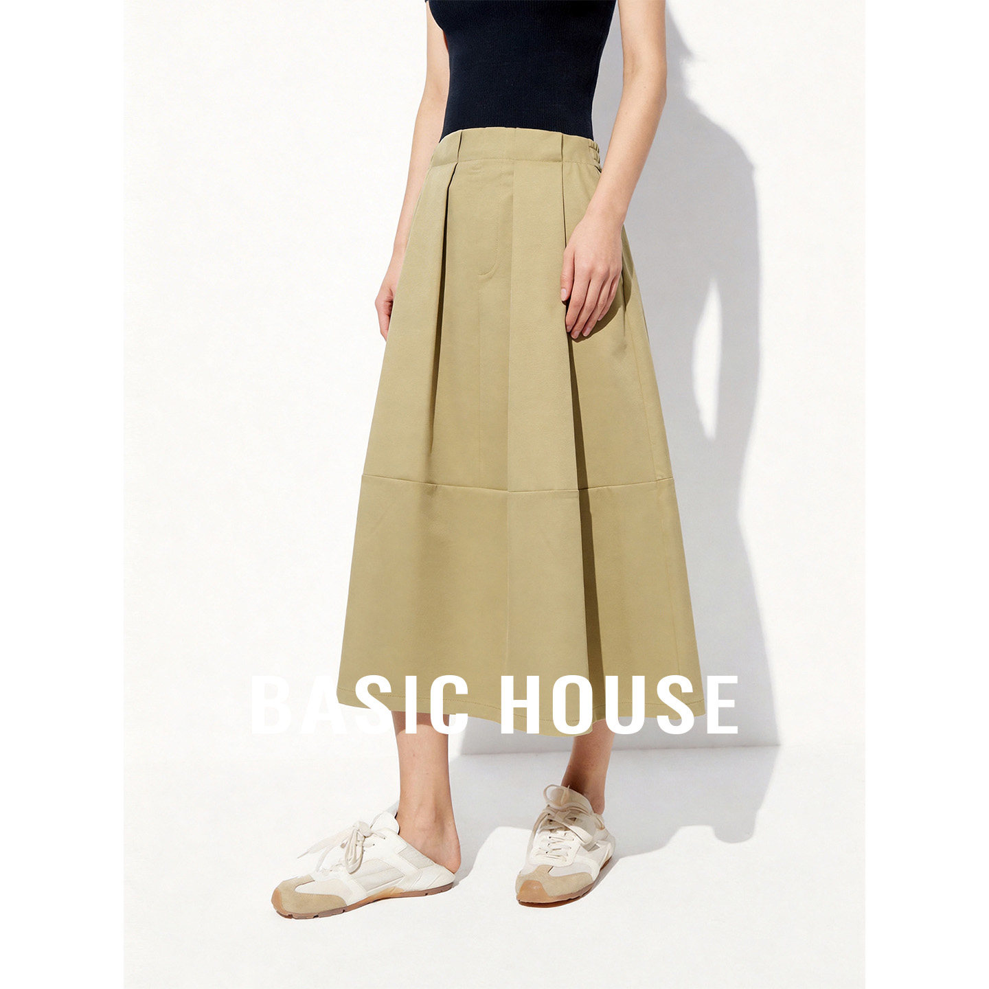 Basic House/百家好纯色高腰A字半身裙女夏季新款宽松中长款裙子