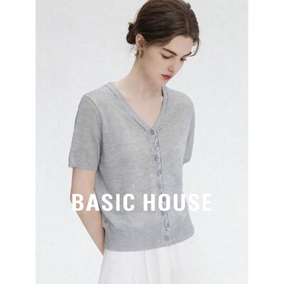 Basic House/百家好V领短袖针织衫女夏季薄款修身上衣小个子百搭