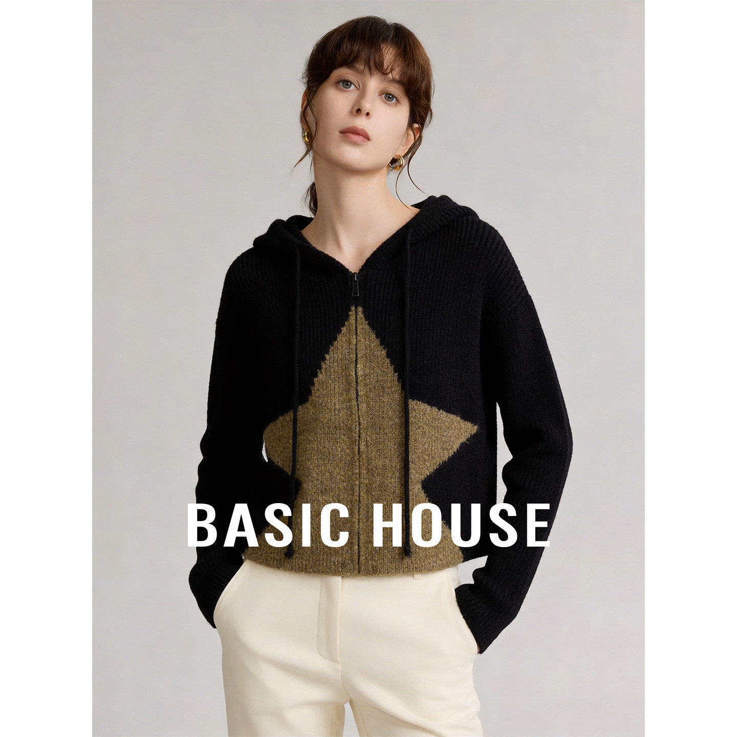 Basic House/百家好撞色星星连帽抽绳开衫外套女新款拉链短款毛衣