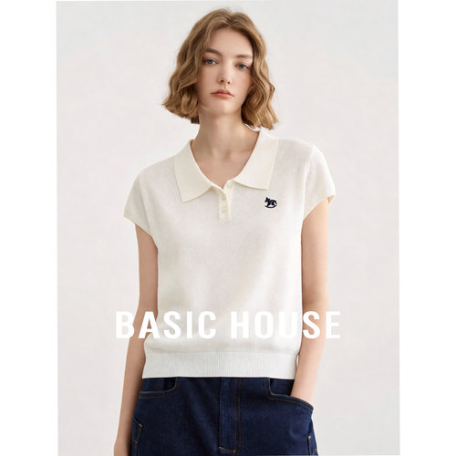Basic House/百家好高级感polo领小飞袖针织衫撞色刺绣短款上衣女
