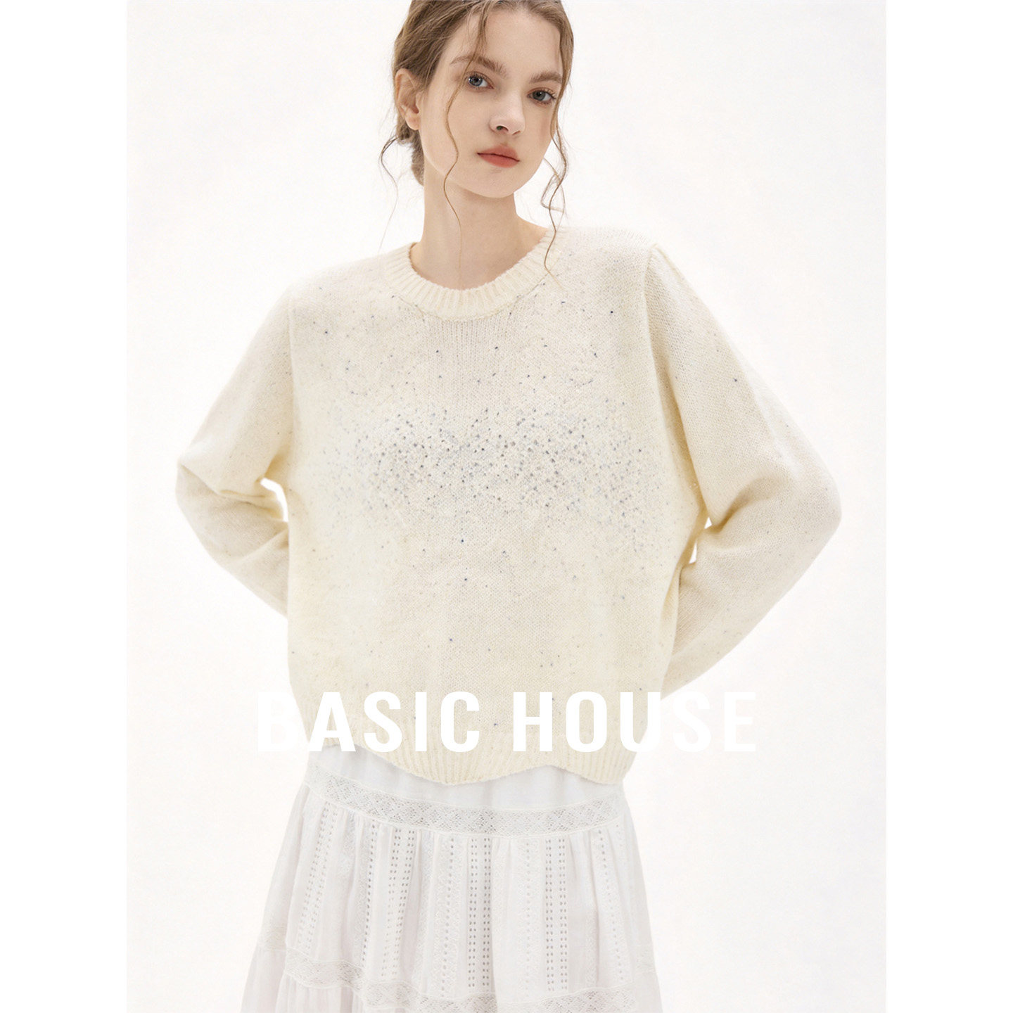 Basic House/百家好慵懒风不规则下摆针织衫秋季宽松显瘦圆领上衣