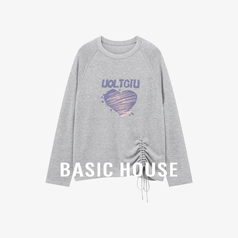 Basic House/百家好慵懒风圆领抽褶插肩袖针织衫舒适爱心提花上衣