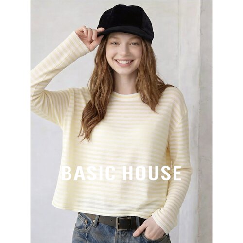 Basic House/百家好黄色复古条纹长袖针织衫女秋宽松显瘦圆领上衣