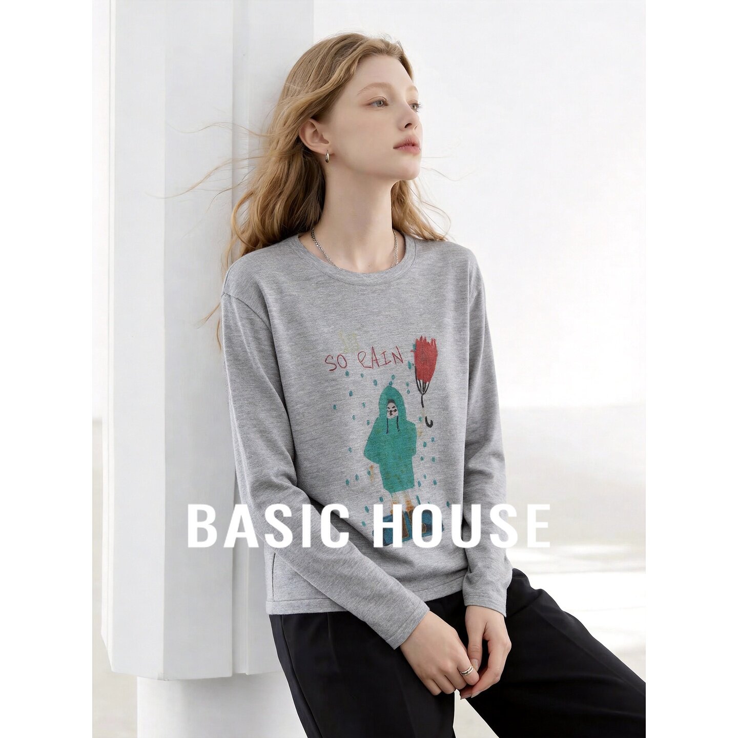 Basic House/百家好新款韩系灰色百搭圆领长袖针织衫宽松套头上衣