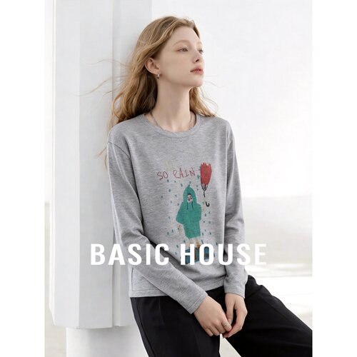 Basic House/百家好新款韩系灰色百搭圆领长袖针织衫宽松套头上衣