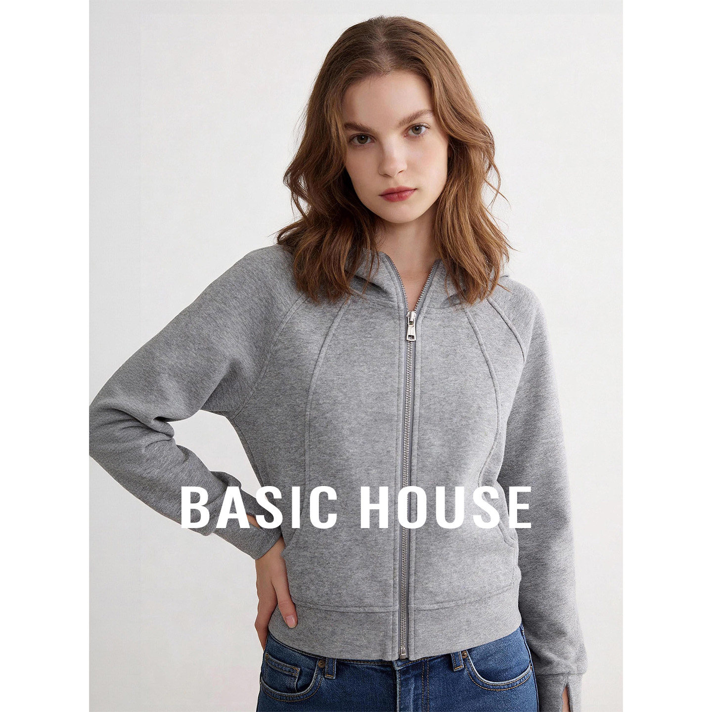 Basic House/百家好灰色短款双头拉链卫衣外套女2026春季连帽上衣