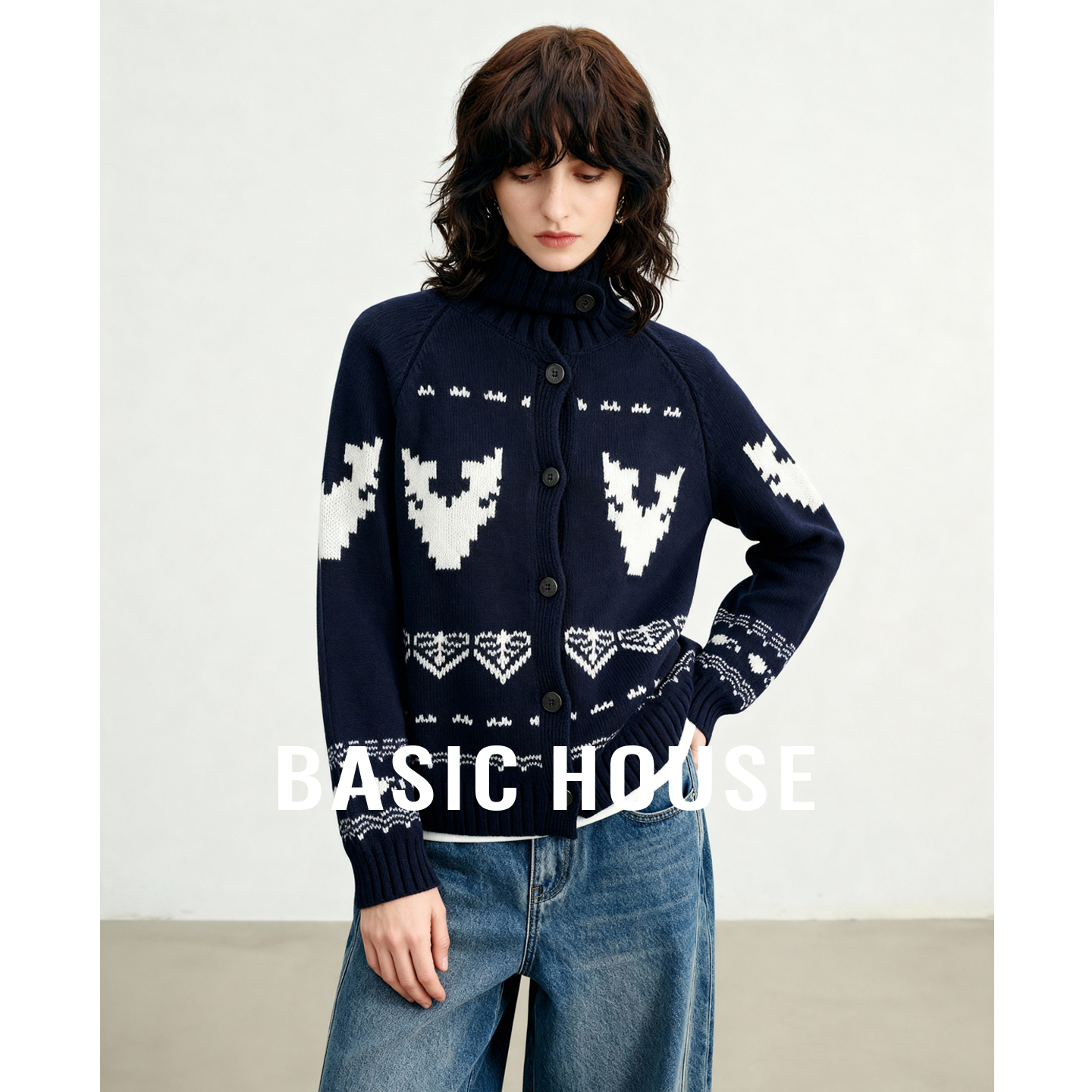 Basic House/百家好费尔岛藏青色提花毛衣开衫宽松立领针织上衣女