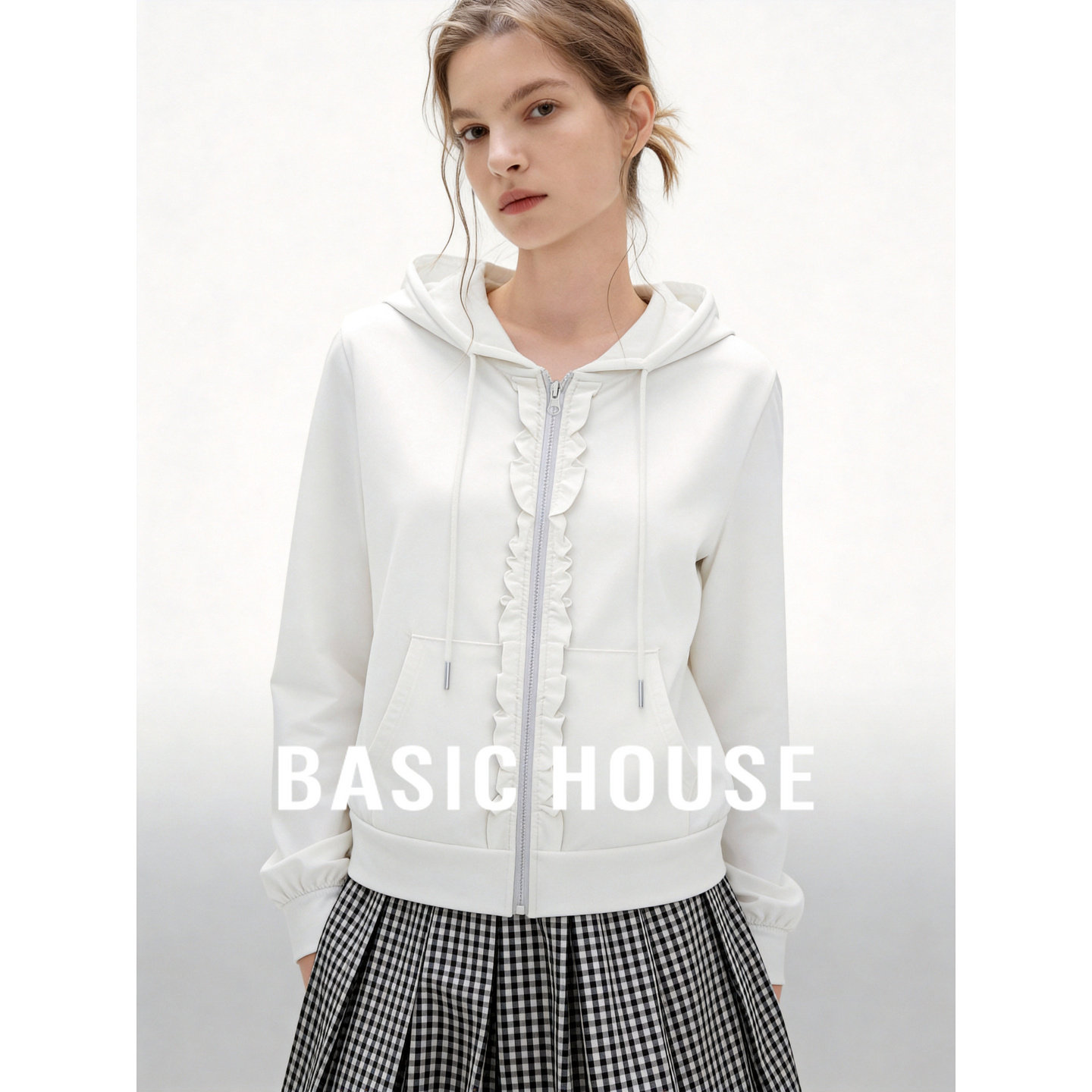 Basic House/百家好设计感运动休闲连帽拉链卫衣女百搭短款外套