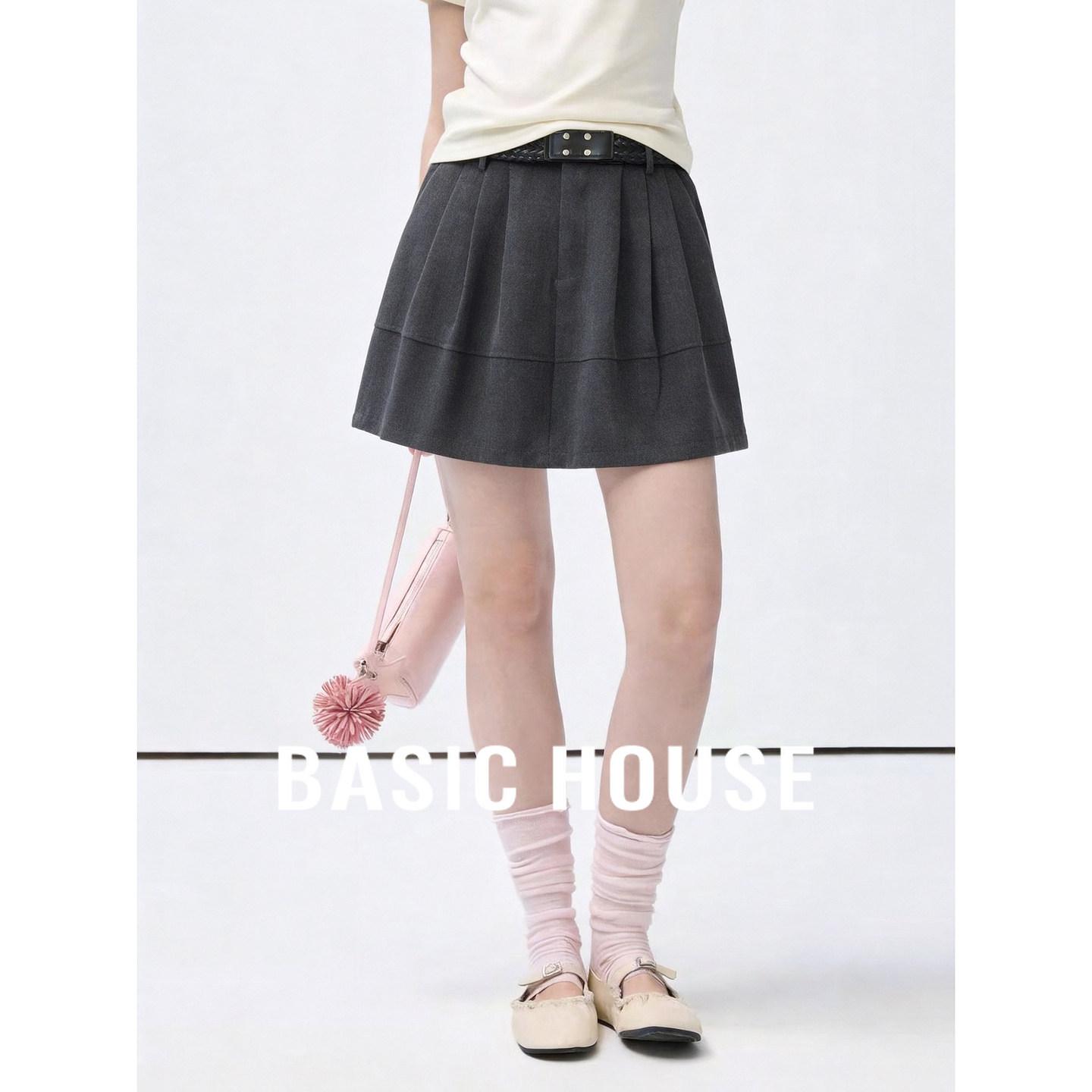 Basic House/百家好高级灰褶皱半身裙女短裙配腰带学院风百搭裙子