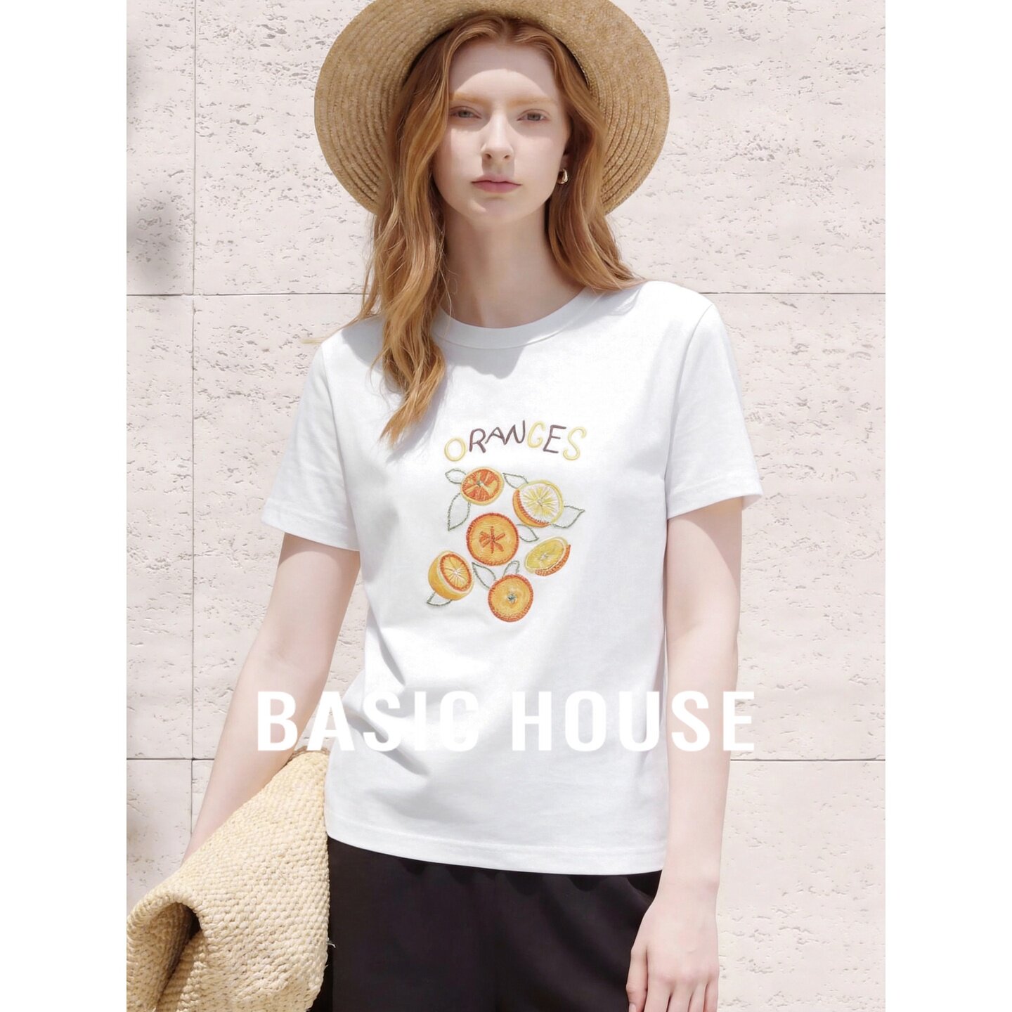 Basic House/百家好白色休闲宽松显瘦含棉百搭短袖T恤女夏季上衣