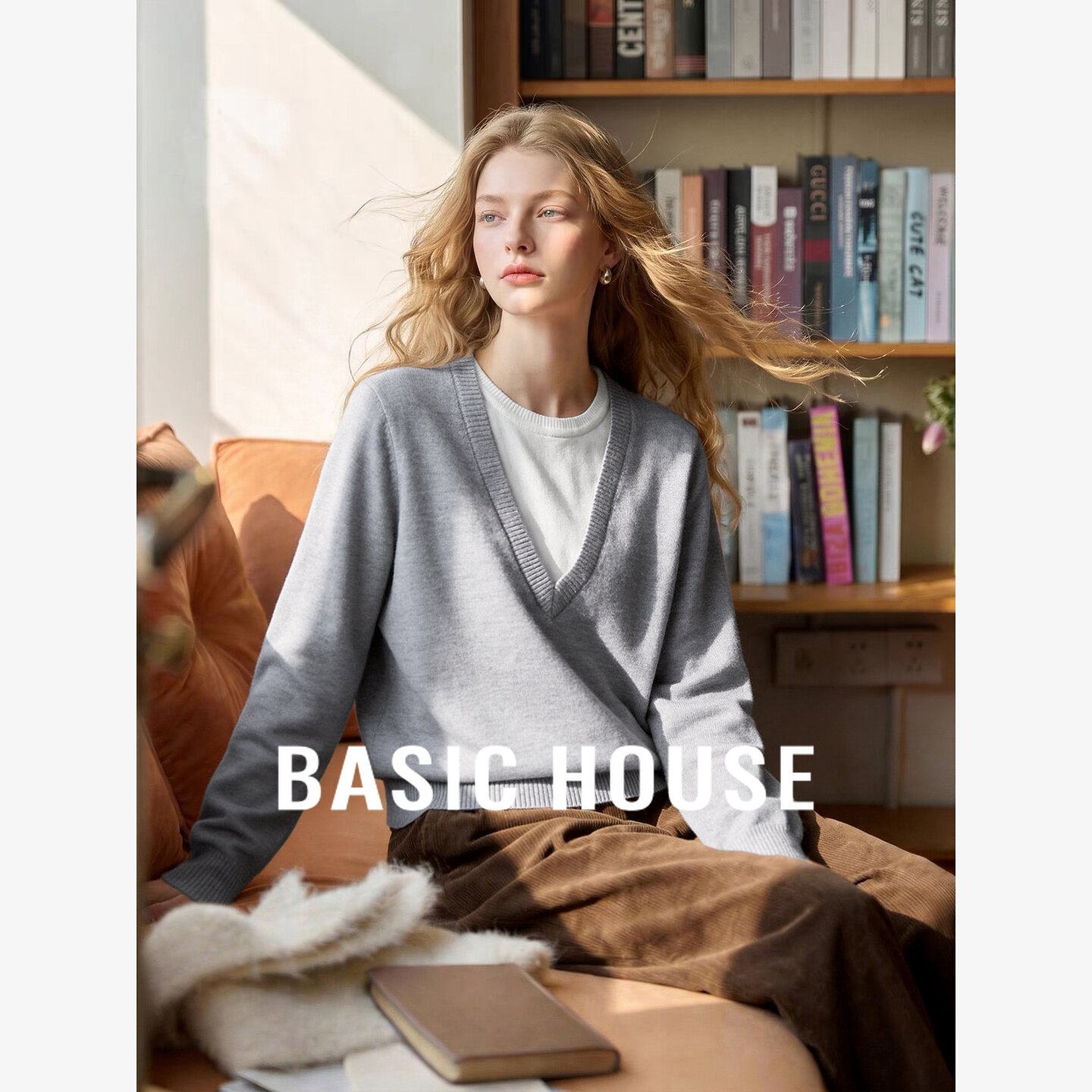 Basic House/百家好慵懒风假两件V领针织衫极简百搭长袖毛衣上衣