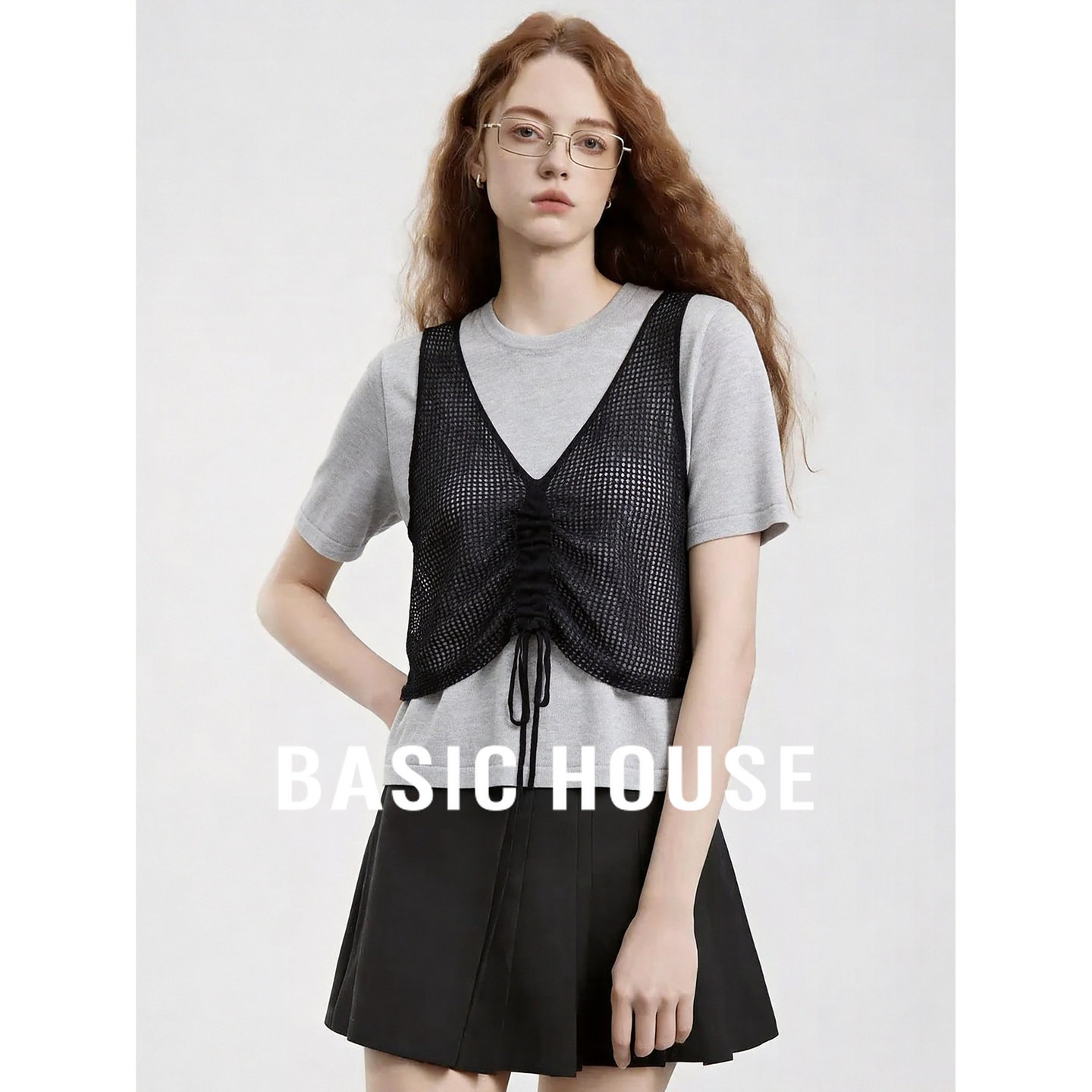 Basic House/百家好假两件网纱拼接镂空T恤女夏抽绳设计短袖上衣