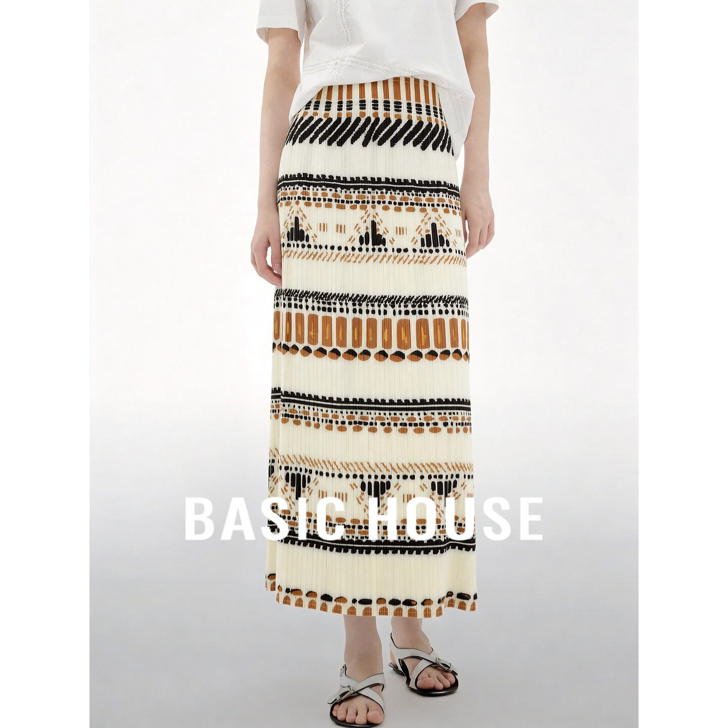Basic House/百家好民族印花半身裙女26夏季新款高腰显瘦A字长裙