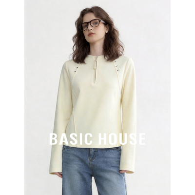 Basic House/百家好米白色简约长袖T恤女秋款新款宽松打底衫上衣