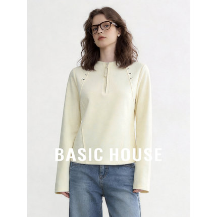 Basic House/百家好米白色简约长袖T恤女秋款新款宽松打底衫上衣