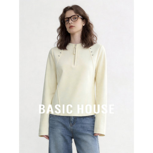 Basic House/百家好米白色简约长袖T恤女秋款新款宽松打底衫上衣