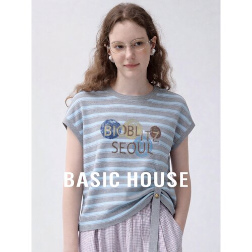 Basic House/百家好韩系设计感条纹圆领短袖针织衫女宽松字母上衣