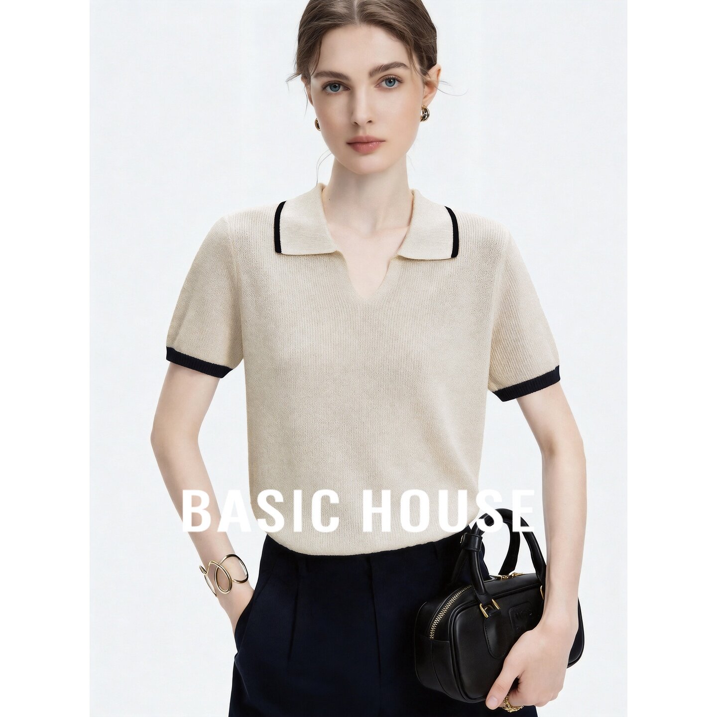 Basic House/百家好薄款翻领撞色短袖针织衫女夏季莱赛尔短款上衣
