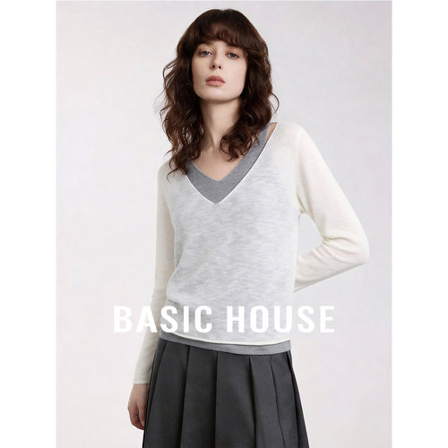 Basic House/百家好假两件V领套头针织衫女夏季洋气撞色宽松上衣