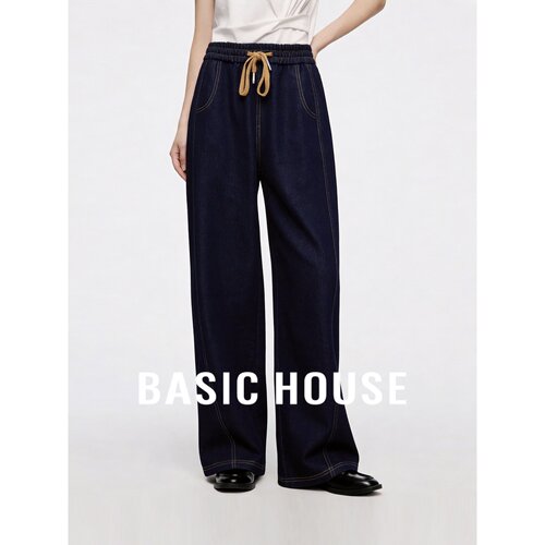 Basic House/百家好蓝色复古高腰系带宽松显瘦直筒女装阔腿牛仔裤