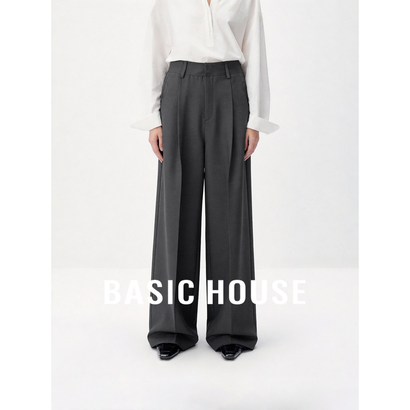 Basic House/百家好高级感高腰阔腿西装裤女舒适垂感长裤职场穿搭