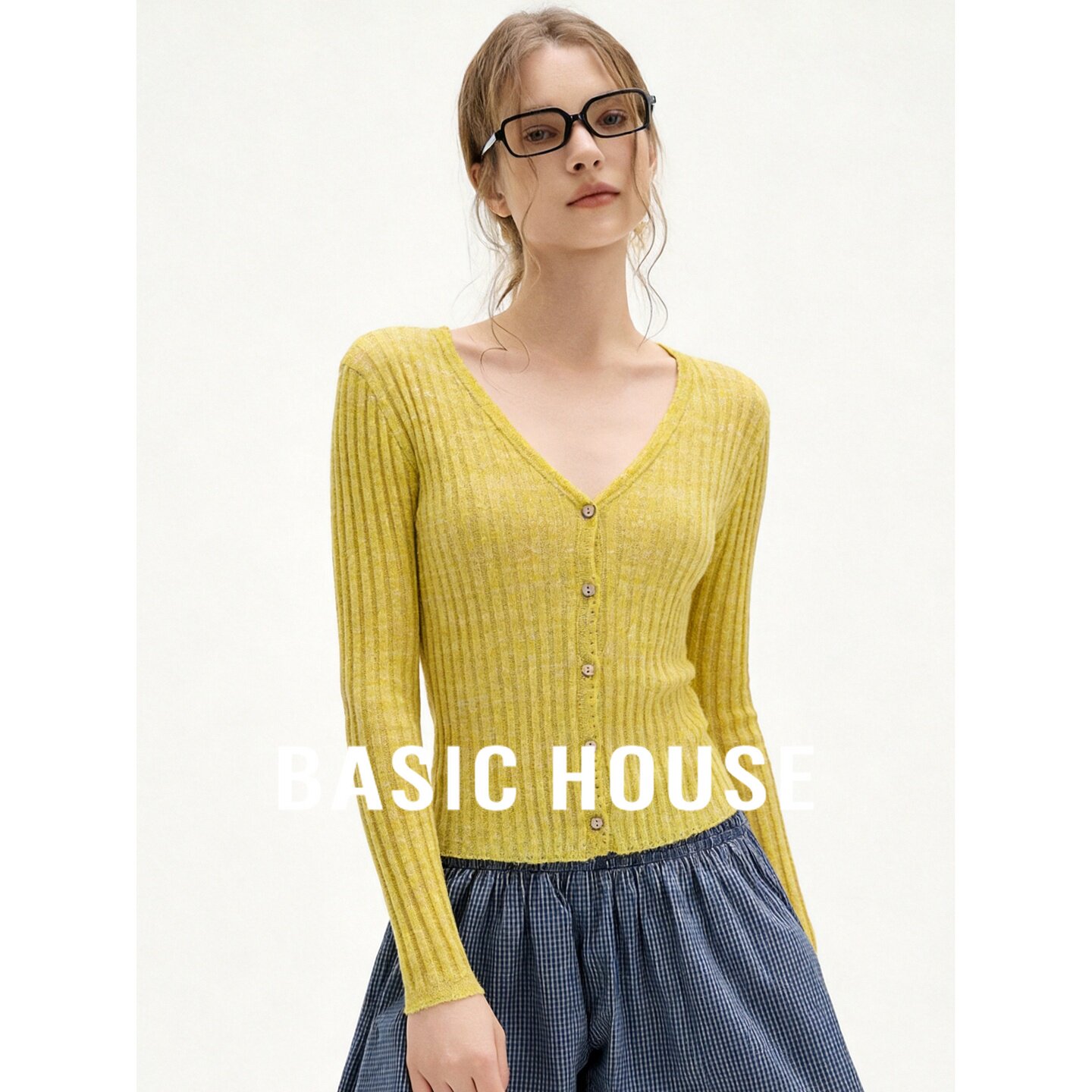 Basic House/百家好V领羊毛针织开衫修身黄色女秋季简约百搭垂感