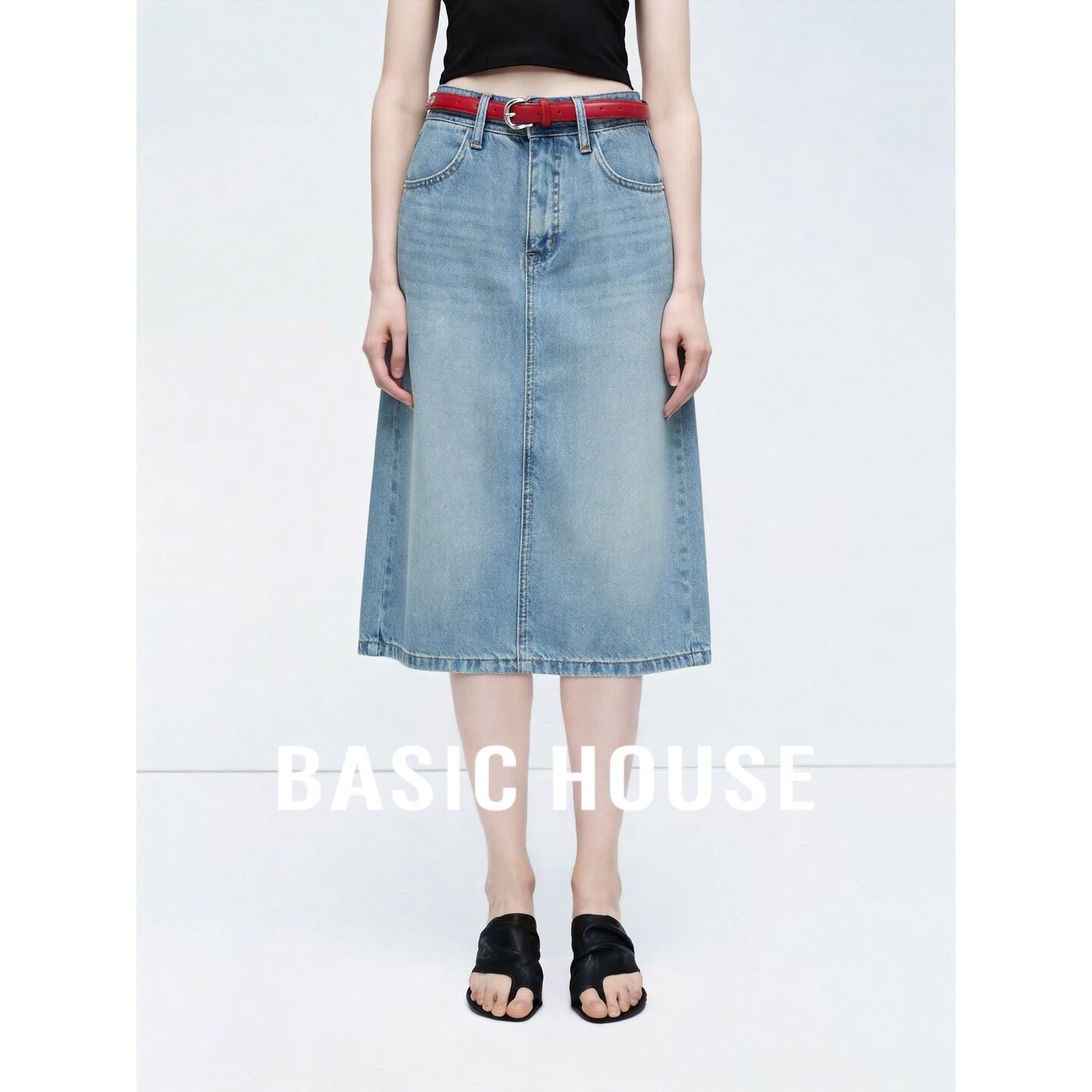 Basic House/百家好复古牛仔半身裙女中长款配腰带百搭显瘦半裙