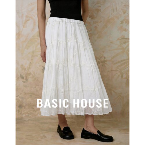 Basic House/百家好法式温柔白色网纱半身裙女高腰多层荷叶边显瘦