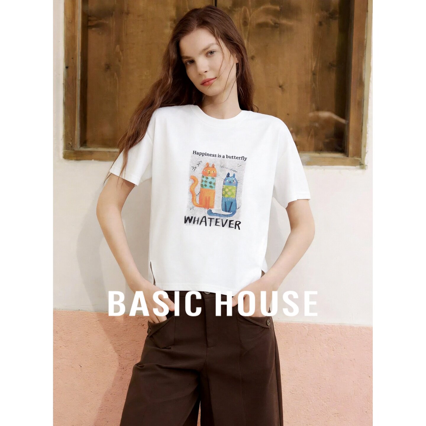 Basic House/百家好亚麻透气短袖T恤女夏季白色圆领宽松休闲上衣