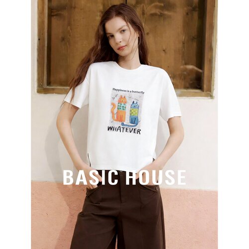 Basic House/百家好亚麻透气短袖T恤女夏季白色圆领宽松休闲上衣