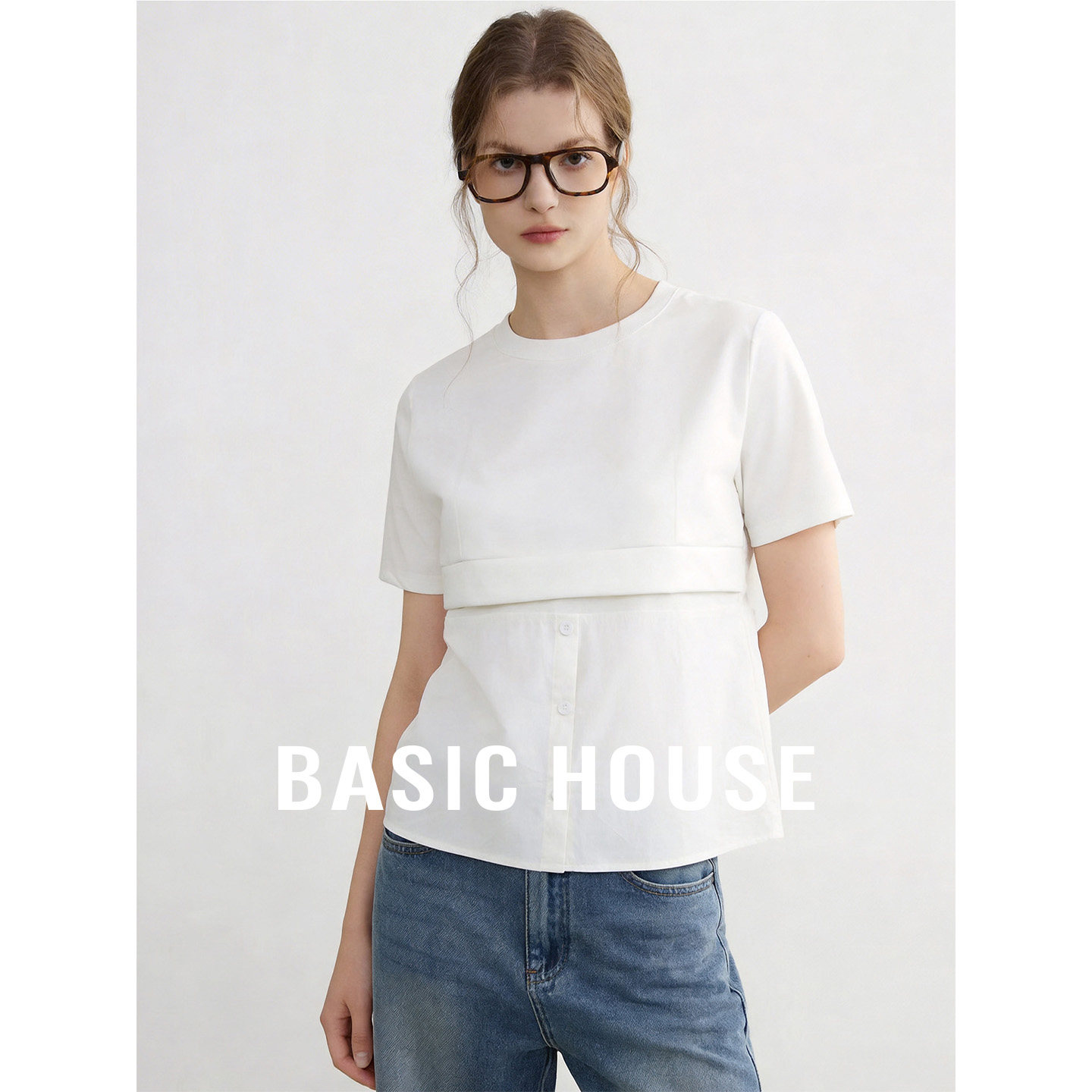 Basic House/百家好白色圆领短袖T恤夏季新款设计感套头短款上衣