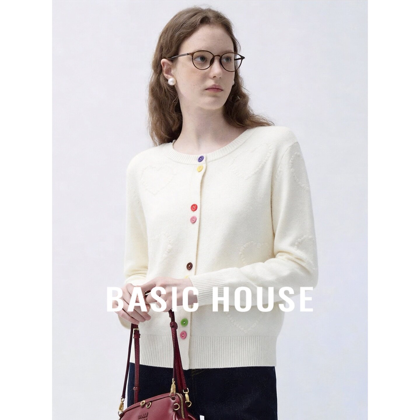 Basic House/百家好慵懒风白色绵羊毛开衫女秋长袖彩色扣子针织衫