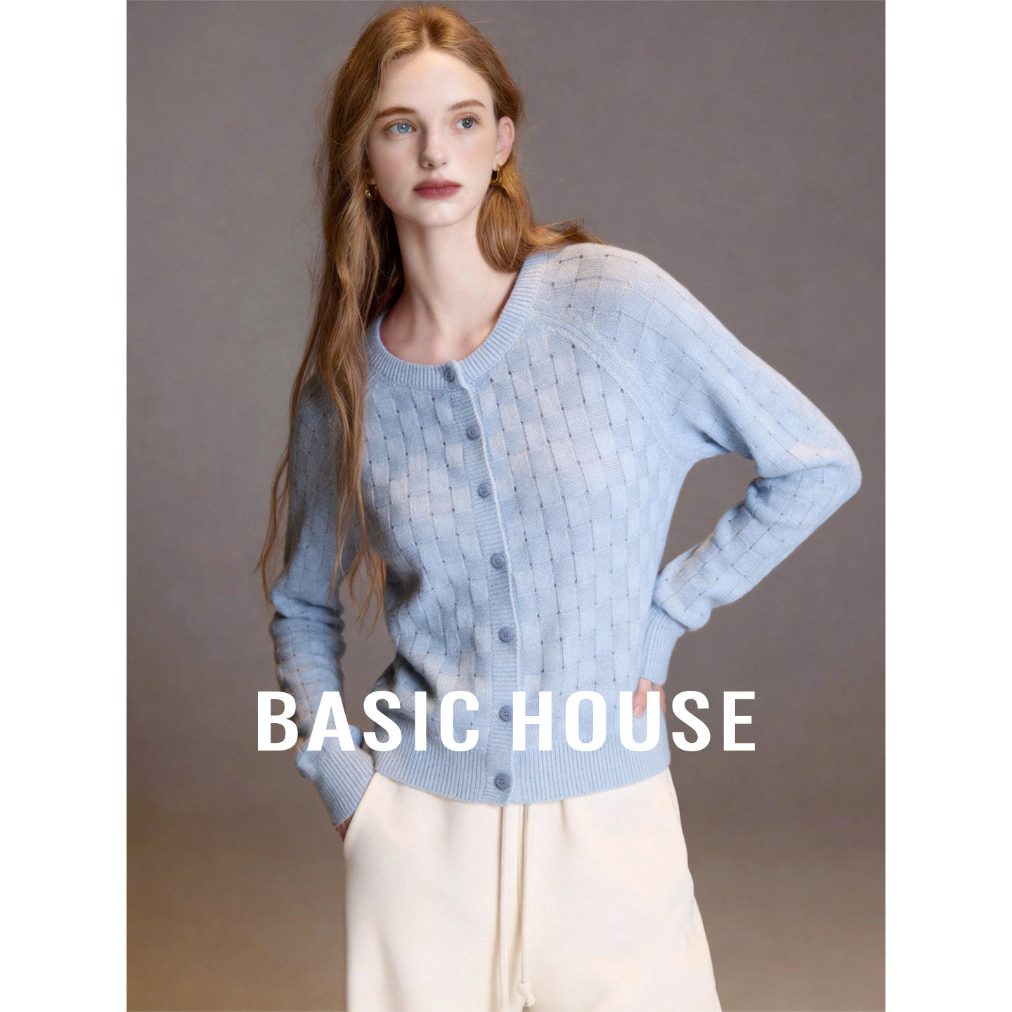 Basic House/百家好蓝色针织开衫女秋季新款韩系宽松显瘦长袖上衣