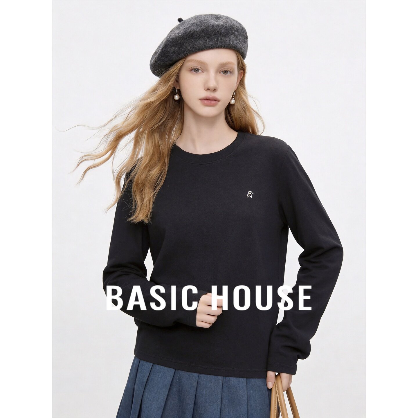 Basic House/百家好黑色圆领长袖T恤女秋季百搭打底衫基础款上衣