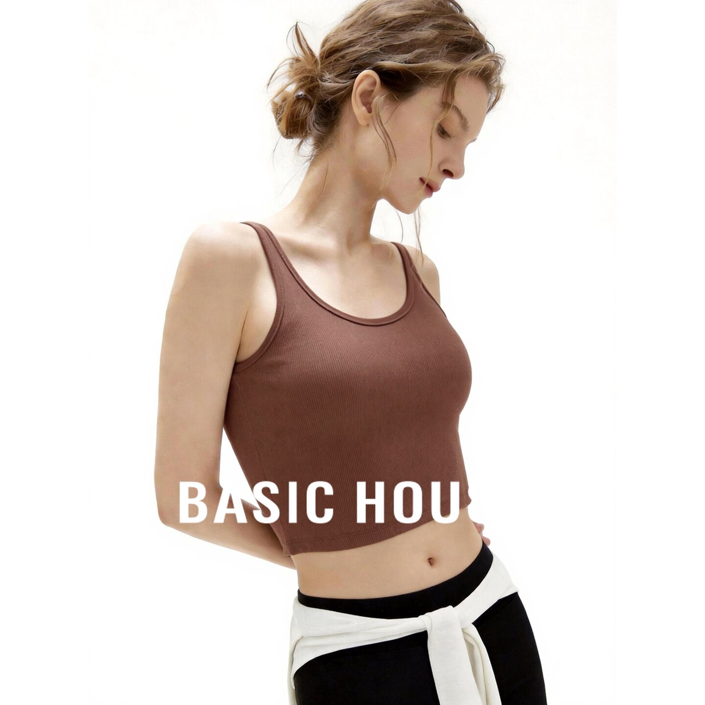 Basic House/百家好螺纹挂脖背心女圆领内搭外穿百搭无痕上衣