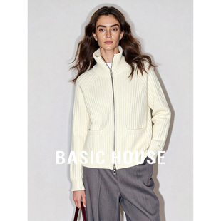 Basic House/百家好翻领拉链竖条纹羊毛衫女秋冬白色保暖百搭上衣