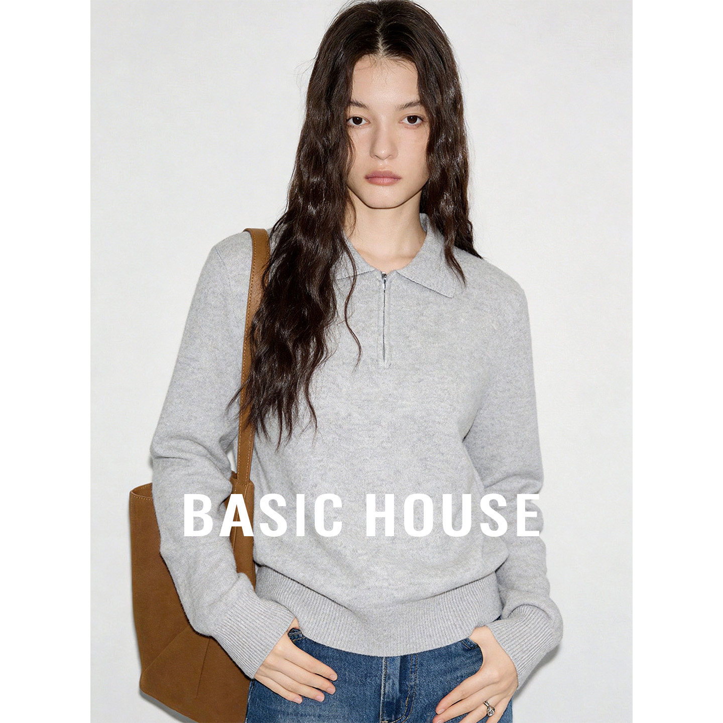 Basic House/百家好灰色基础简约版套头针织衫女秋季舒适百搭上衣