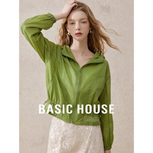 Basic House/百家好轻薄绿色防晒夹克连帽拉链短款显瘦休闲外套女