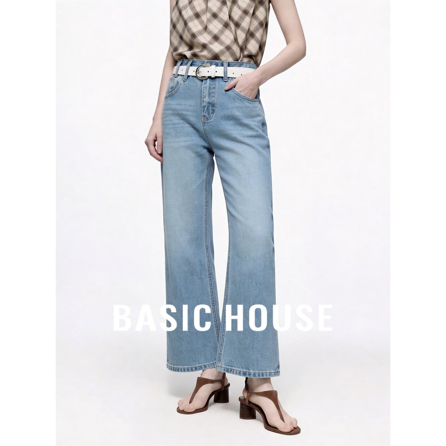 Basic House/百家好浅蓝色阔腿纯棉牛仔裤女秋季百搭垂感显瘦长裤