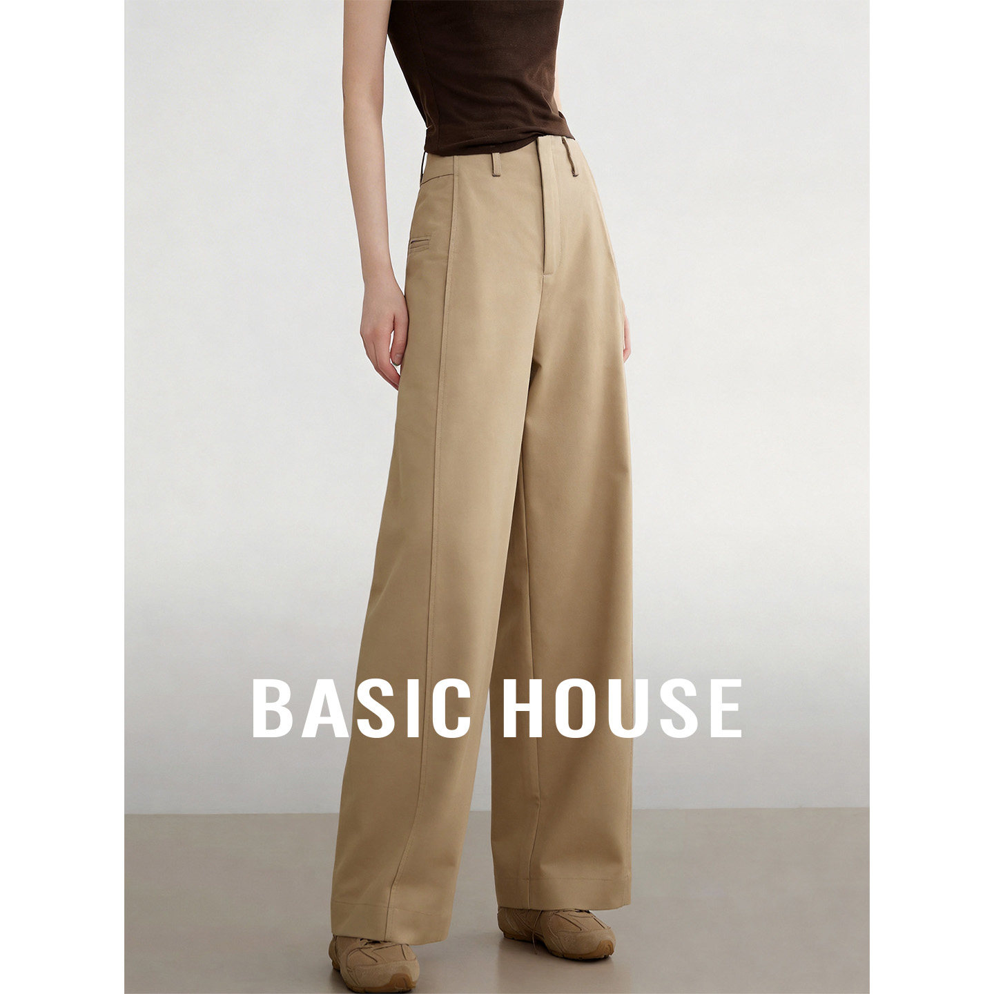 Basic House/百家好纯色高腰直筒休闲裤女2026夏季通勤阔腿长裤子