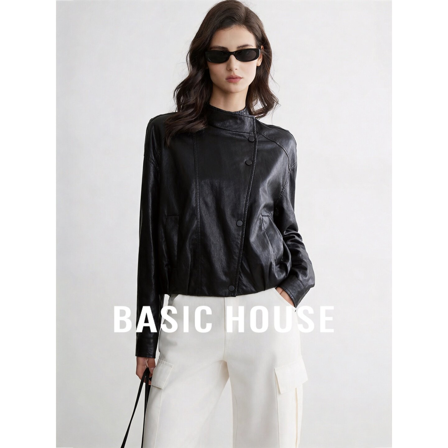 Basic House/百家好立领皮衣外套女长袖修身不对称单排扣极简韩版