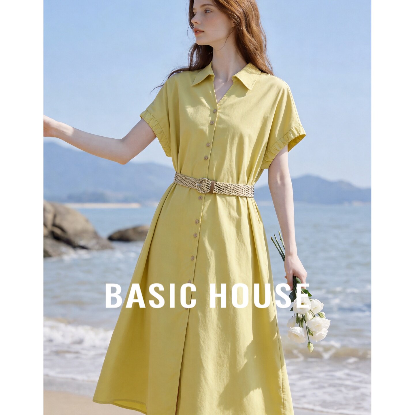 Basic House/百家好时尚翻领衬衫连衣裙女收腰显瘦高级感黄色长裙