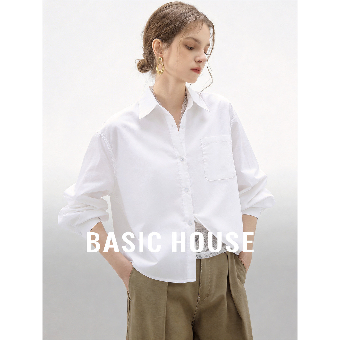 Basic House/百家好夏季气质套装女镂空蕾丝背心不规则衬衫两件套