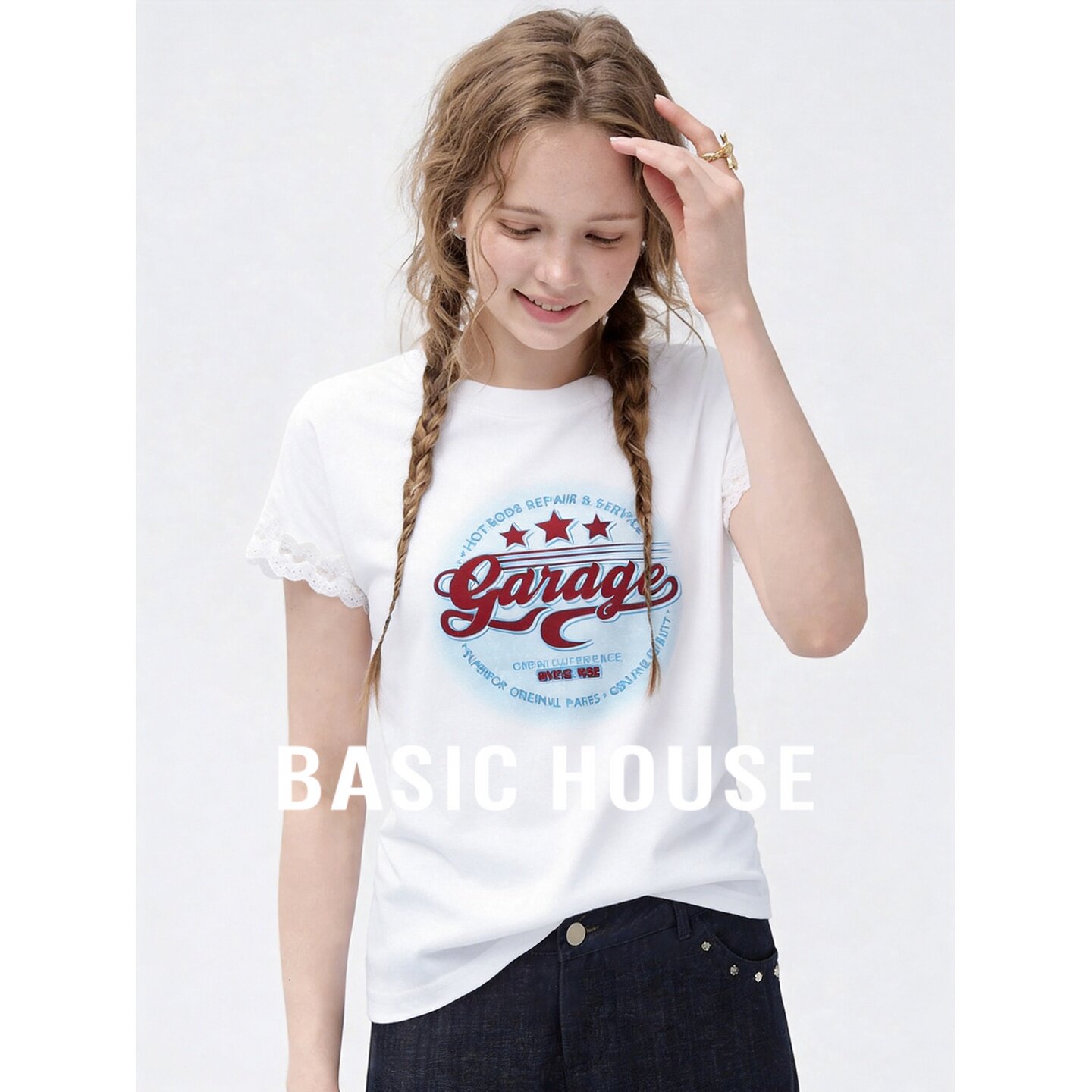 Basic House/百家好字母印花短袖T恤女白色圆领宽松百搭显瘦上衣