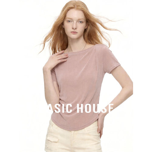 Basic House/百家好简约风褶皱短袖T恤女26夏季纯色修身显瘦上衣